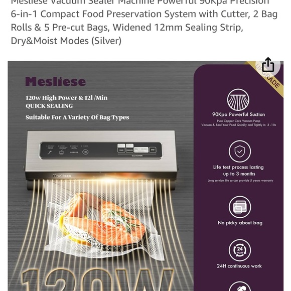 Mesliese Vacuum Sealer Machine Powerful 90Kpa Precision 6-in-1 - Picture 2 of 6